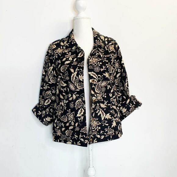 Appleseeds Women’s Tapestry Floral blazer bomber Jacket Button Brown denim M - Picture 1 of 12